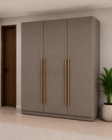 Three-Door Fabric Finish Wardrobe with Brass Handles