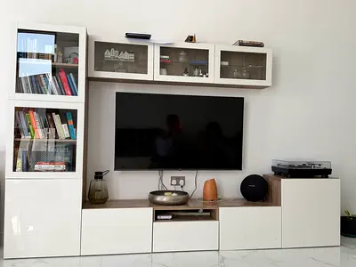 Media set with storage space and bookshelf