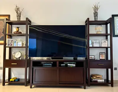 Original Creat barrel solid wood Entertainment wall Tv unit with matching book case ( bridge remove