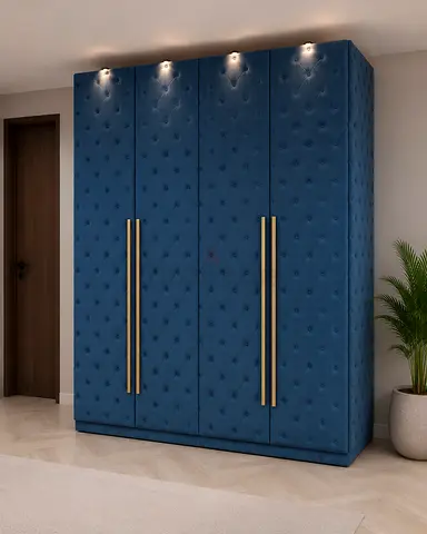Blue Upholstered 4-Door Wardrobe with Gold Handles