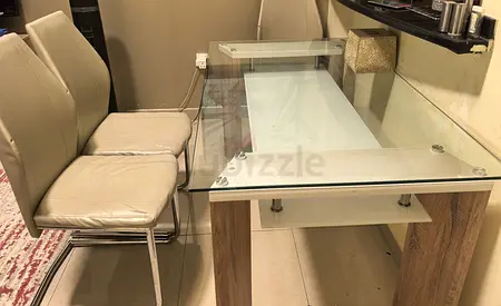Glass Top Dining Table with 4 Beige Leather Chairs - Good Condition
