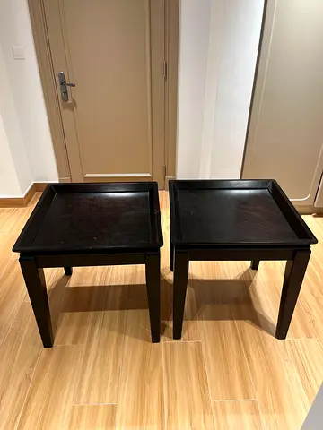 Pair of dark wood square side tables / bedside tables - good condition