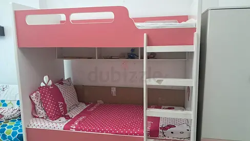 Bunk Bed with Lower Double and Upper Single - Pink/White, Good Condition