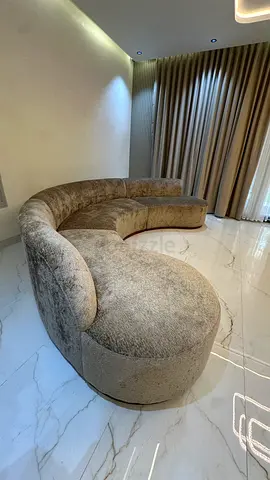 Curved Modular Sofa - Plush Textured Fabric, Beige/Grey