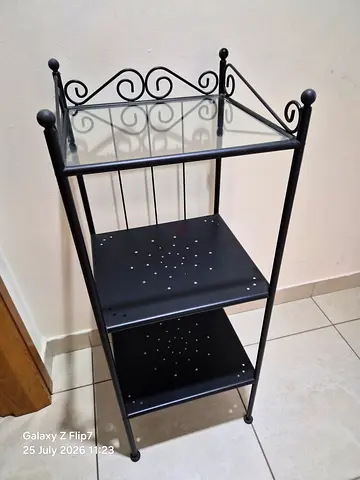 Black Metal and Glass Corner Shelf Unit with Two Storage Levels