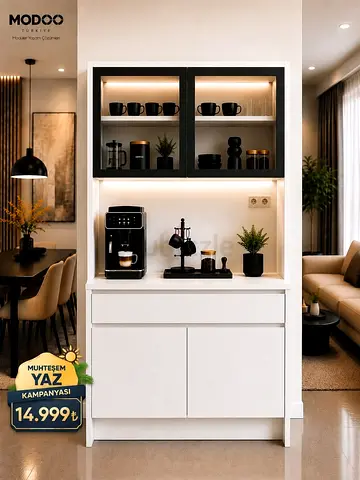 Modern White Kitchen Cabinet with Upper Display Shelves