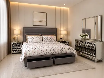Modern Grey Fabric Bed with Storage Drawers