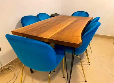 Live Edge Wooden Dining Table with 6 Velvet Chairs