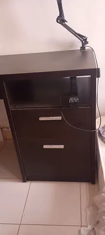 Dark solid wood computer office table with side shelf and exec chair. Good condition
