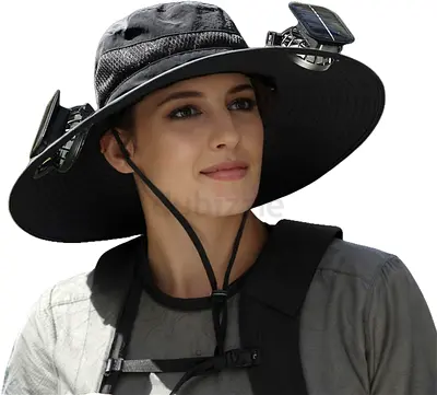 Solar Powered Wide Brim Sun Hat with Chin Strap - Black
