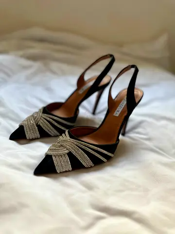 Black satin slingback heels with crystal braid detail, size 37/38