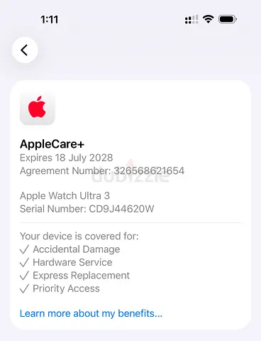 AppleCare+ coverage for Apple Watch Ultra 3 — transferable until Jul 2028