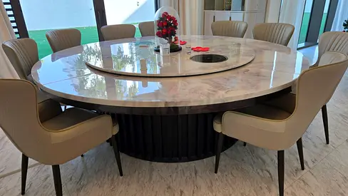 Large Marble Dining Set with motorised Lazy Susan and 12 Chairs
