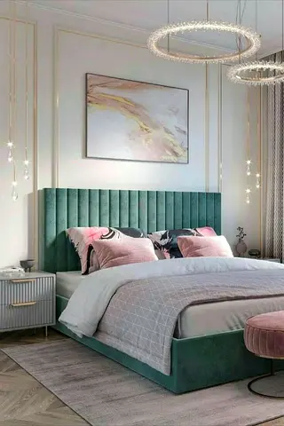 Green Velvet Upholstered Bed with Padded Headboard - Queen