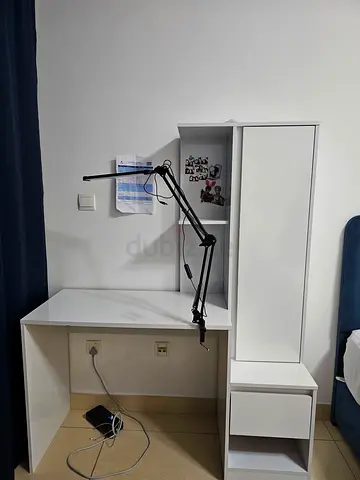 White compact desk with shelving and drawer - good condition