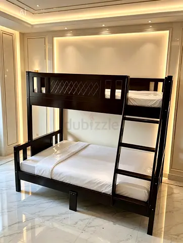 Solid Wood Dark Brown Bunk Bed with Ladder - Double on Bottom, Single Top