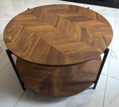 Round Two-Tier Wooden Coffee Table with Chevron Pattern