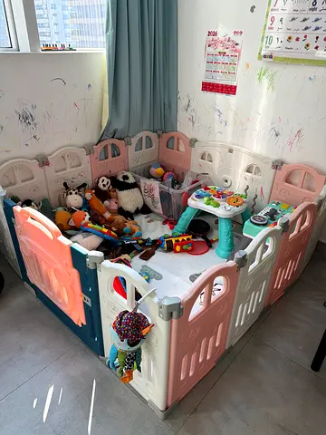 Large Baby Playpen with Toys - Pink/Beige Plastic Enclosure