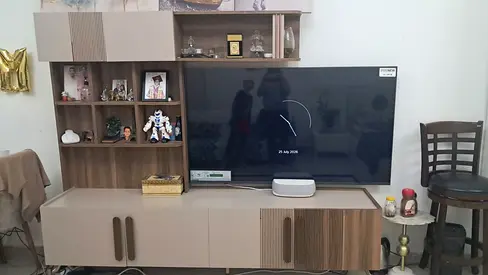 Modern TV Entertainment Unit with Shelving - Beige/Wood Finish