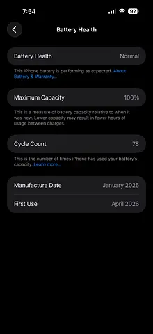 iPhone with 100% Battery Health, Lightly Used (First Used Apr 2026)