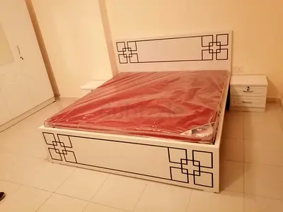 White Double Bed Frame with Headboard and Two Nightstands - Good Condition