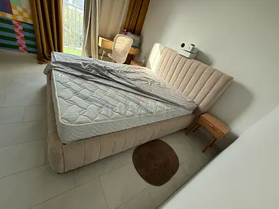 Used beige upholstered single bed frame with mattress - good condition 160x200cm