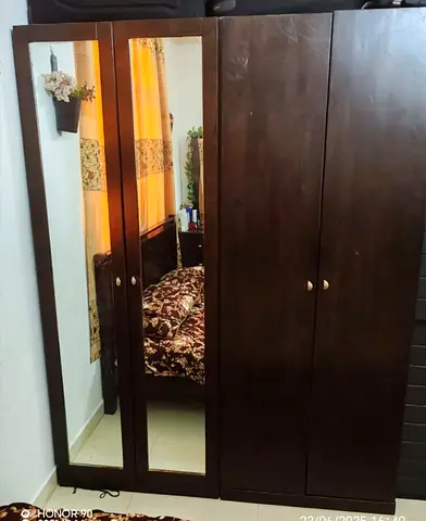 Dark Wood 4-Door Wardrobe with Mirrors — Good Condition