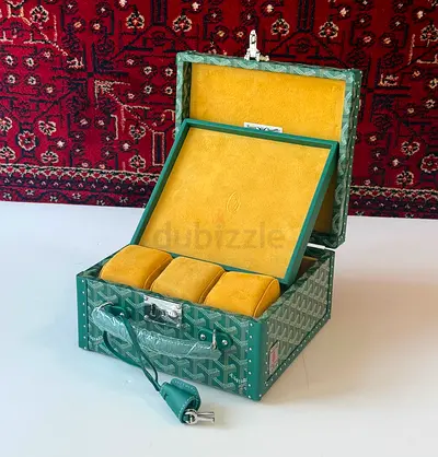 Goyard Green leather watch storage box with three cushions and lock