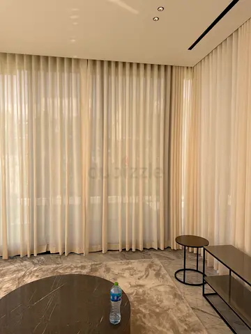 Beige floor-to-ceiling curtains and sheer set - gently used