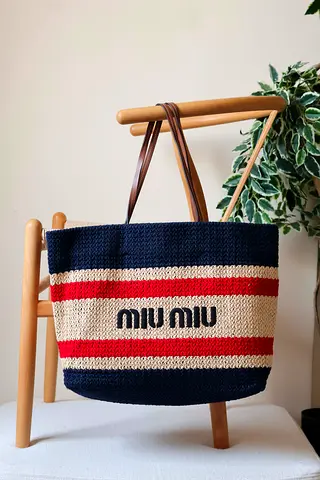 Miu Miu Knitted Straw Tote Bag with Leather Handles