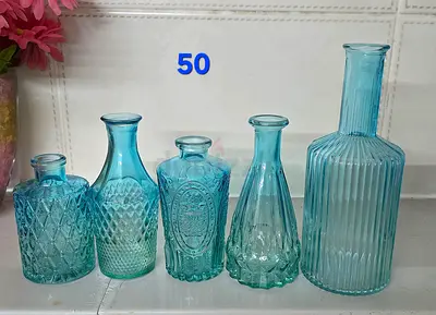 Set of 5 Decorative Blue Glass Vases - Assorted Shapes