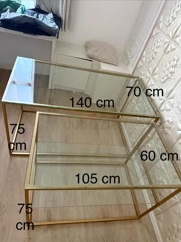 Move out sale: Set of 2 Glass and Gold Metal Nesting office  Tables (140x70x75cm  105x60x75 cm)