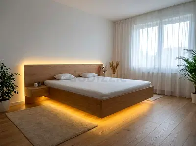 Modern wooden platform bed with integrated LED lighting, queen size