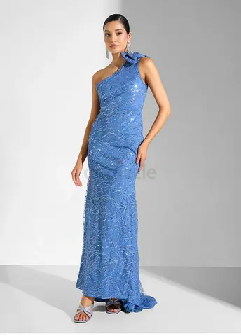 One-shoulder blue sequin evening gown with bow detail, size M