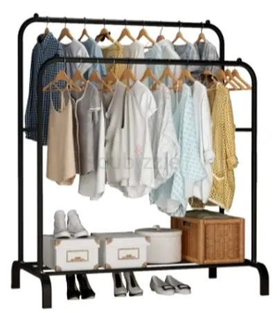 Steel Double Rail Garment Rack with Shoe Shelf - Black