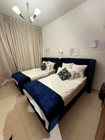 Pair of Blue Velvet Single Beds with Headboards - Very Good Condition