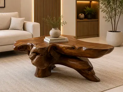 Solid Teak Root Coffee Table - Natural Live Edge