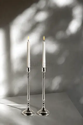A Pair of Silver Metal Candlestick Holder — Tall Decorative Piece