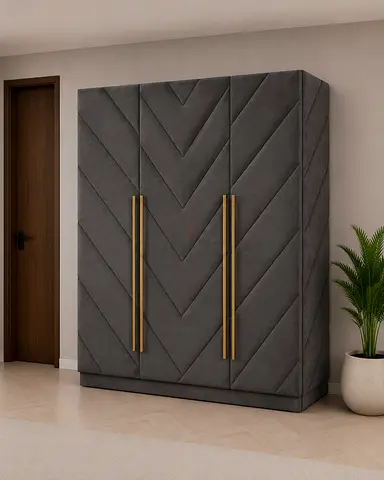 Modern Upholstered 3-Door Wardrobe with Gold Handles - Grey