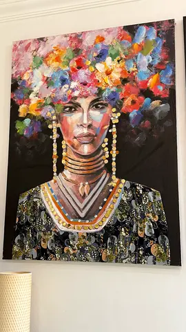 Large Colorful Portrait Painting of Woman with Floral Headdress