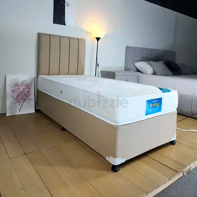 Single Bed with Headboard and Mattress - Beige Divan Set 90 x 200 cm