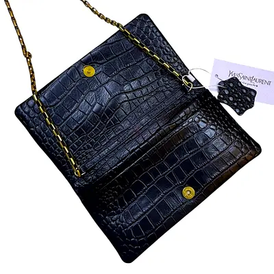 Yves Saint Laurent Black Croc-Embossed Leather Chain Shoulder Bag