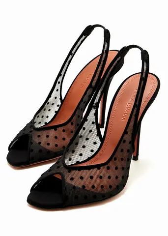 Black Mesh Polka Dot Slingback Peep-Toe High Heels - Size Unknown
