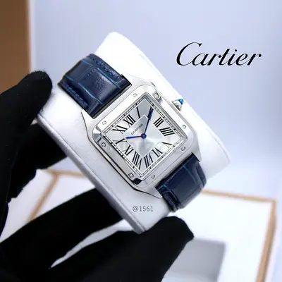 Cartier Santos Stainless Steel Mens Watch with Blue Leather Strap