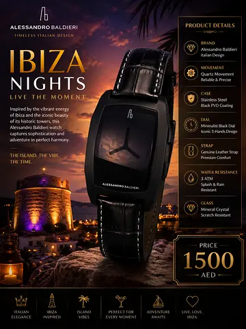 Alessandro Baldieri Ibiza Nights Mens Leather Strap Watch - Black, Like New
