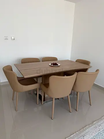 Modern 6-Seater Wooden Dining Set with Beige Leatherette Chairs