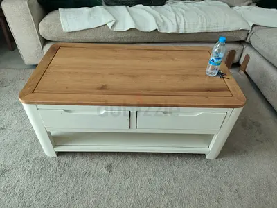 British Quality Wood Top Coffee Table with Drawers and Shelf - White Base