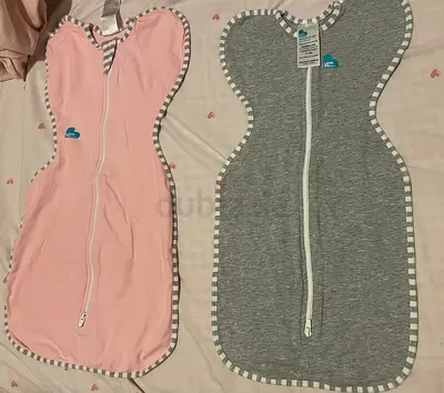 Pair of Love To Dream-style baby swaddle sleep sacks (small/medium) — pink grey