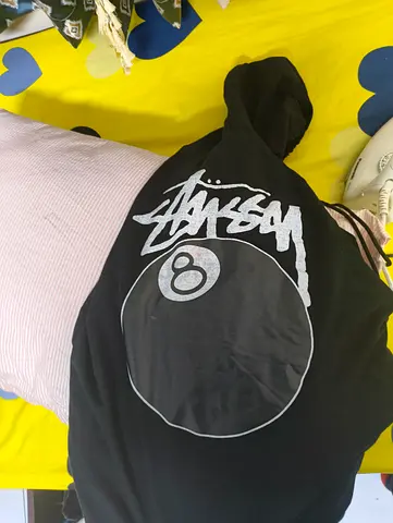 Black Stüssy Hoodie with 8-Ball Graphic, Size L (used)