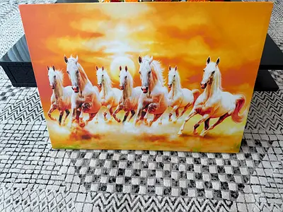 Canvas Wall Art - Running White Horses on Golden Background (Framed) in very good condition